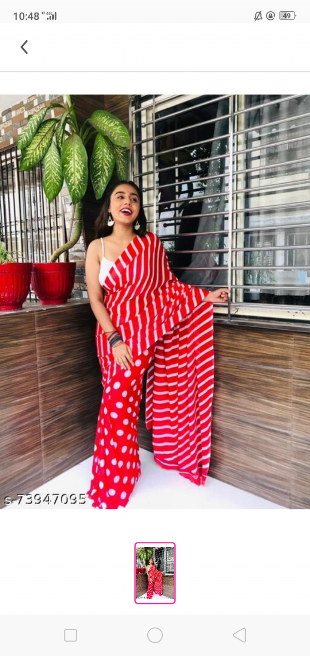 Polka, Stripe Printed Georgette Saree Name: Polka, Stripe Printed Georgette Saree Saree Fabric: Georgette Blouse: Running Blouse Blouse Fabric: Georgette Pattern: Printed Blouse Pattern: Printed Multipack: Single Sizes:  Free Size
