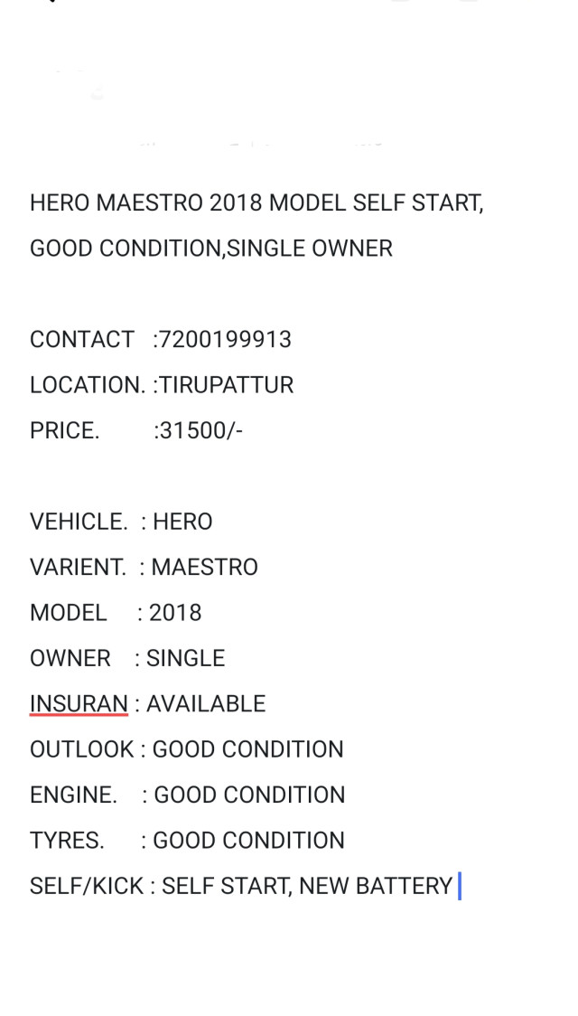 HERO MAESTRO 2018 MODEL SELF START, GOOD CONDITION,SINGLE OWNER   CONTACT   :7200199913 LOCATION. :TIRUPATTUR  